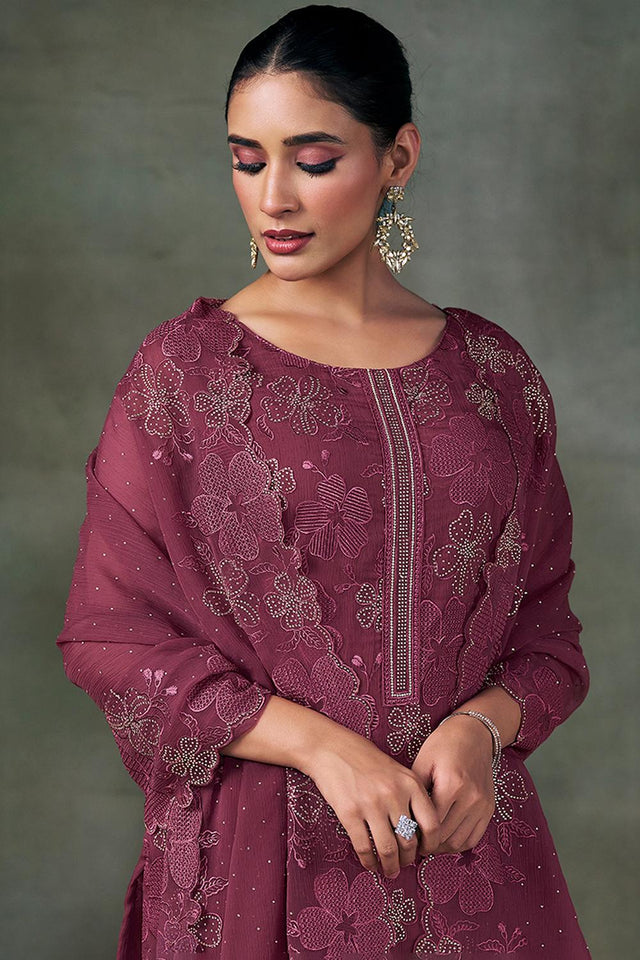 Maroon Floral Embroidered Chiffon Kurti Pant Set