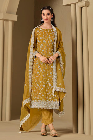 Mustard Floral Embroidered Organza Kurti Pant Set