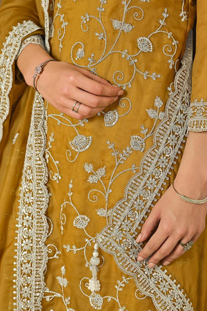 Mustard Floral Embroidered Organza Kurti Pant Set