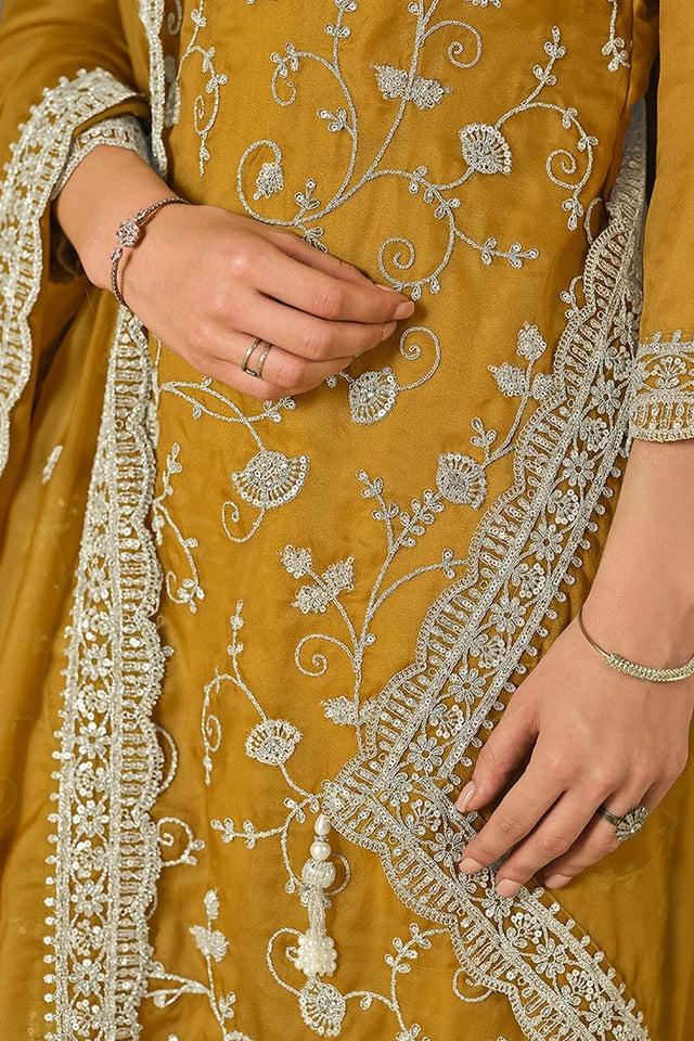 Mustard Floral Embroidered Organza Kurti Pant Set