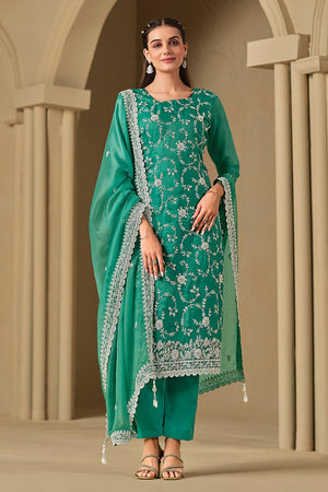 Green Floral Embroidered Organza Kurti Pant Set