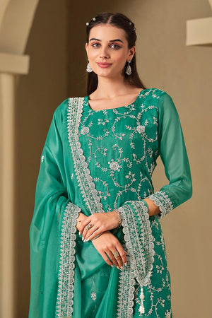 Green Floral Embroidered Organza Kurti Pant Set