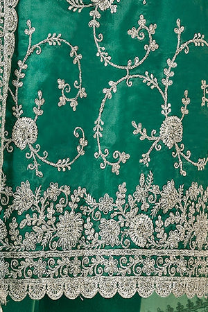 Green Floral Embroidered Organza Kurti Pant Set