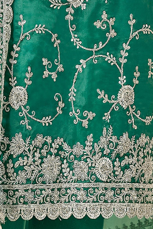 Green Floral Embroidered Organza Kurti Pant Set