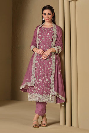 Mauve Floral Embroidered Organza Kurti Pant Set