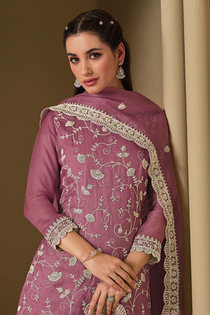 Mauve Floral Embroidered Organza Kurti Pant Set