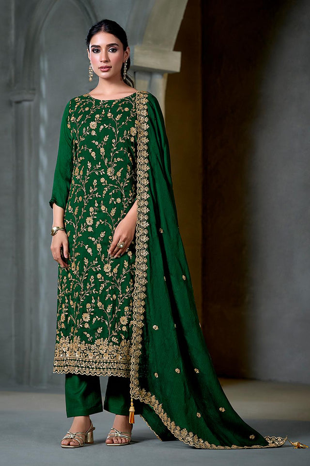 Green Floral Embroidered Satin Kurti Pant Set