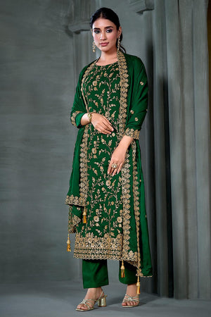 Green Floral Embroidered Satin Kurti Pant Set