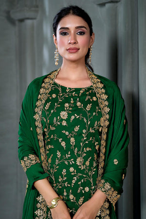 Green Floral Embroidered Satin Kurti Pant Set