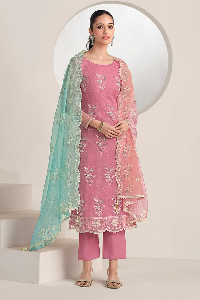 Pink Floral Embroidered Organza Kurti Pant Set