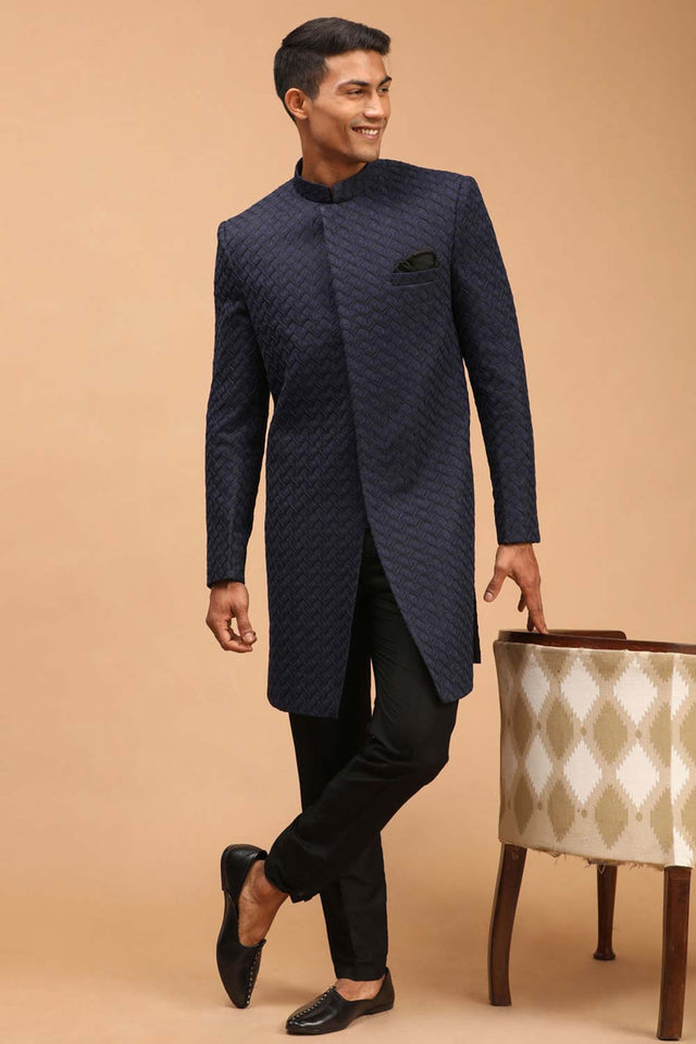 Men's Navy Blue And Black Silk Blend Self Woven Design Sherwani Set - 40