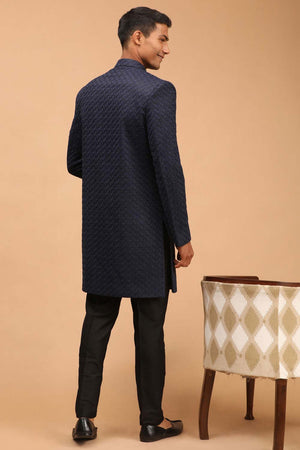 Men's Navy Blue And Black Silk Blend Self Woven Design Sherwani Set - 40