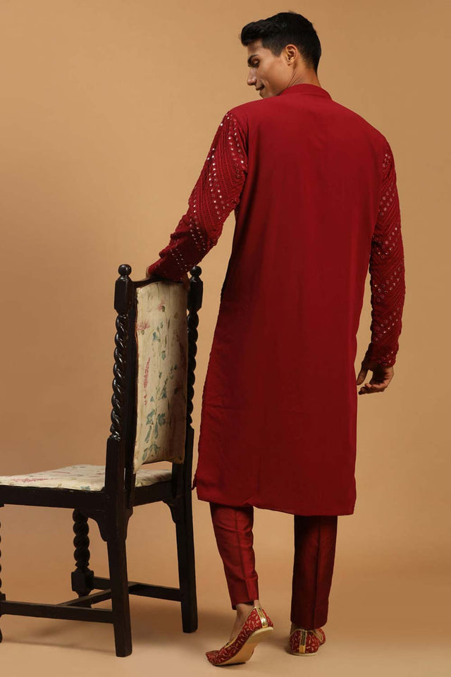 Men's Maroon Georgette Mirror Work Kurta Pajama Set - 36
