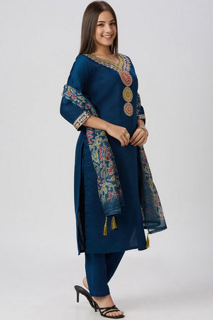 Blue Embroidered Silk Straight Cut Suit (VT-03)