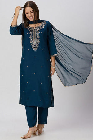 Turquoise Embroidered Silk Straight Cut Suit (VT-05)