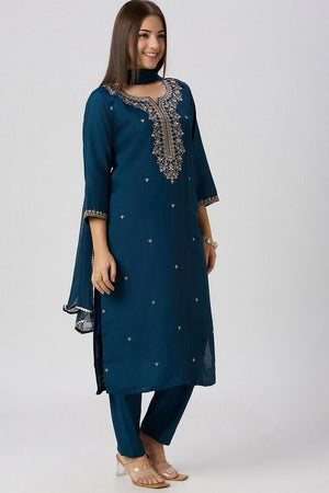 Turquoise Embroidered Silk Straight Cut Suit (VT-05)