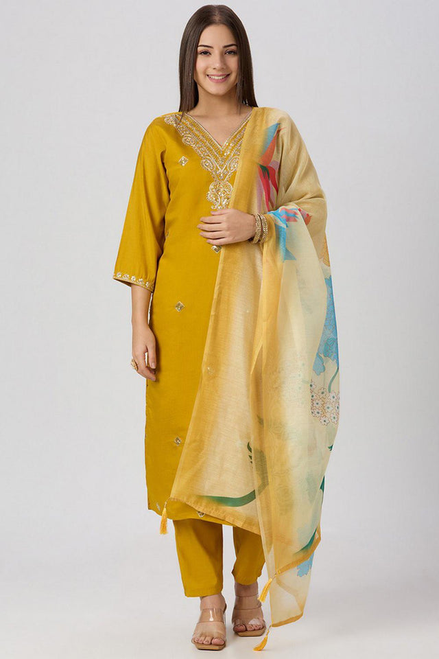 Yellow Floral Embroidered Silk Straight Cut Suit (VT-06)