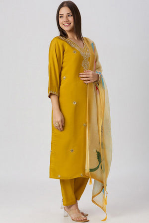 Yellow Floral Embroidered Silk Straight Cut Suit (VT-06)