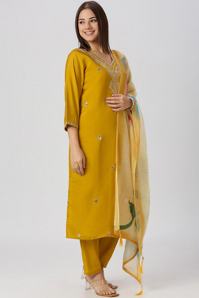 Yellow Floral Embroidered Silk Straight Cut Suit (VT-06)