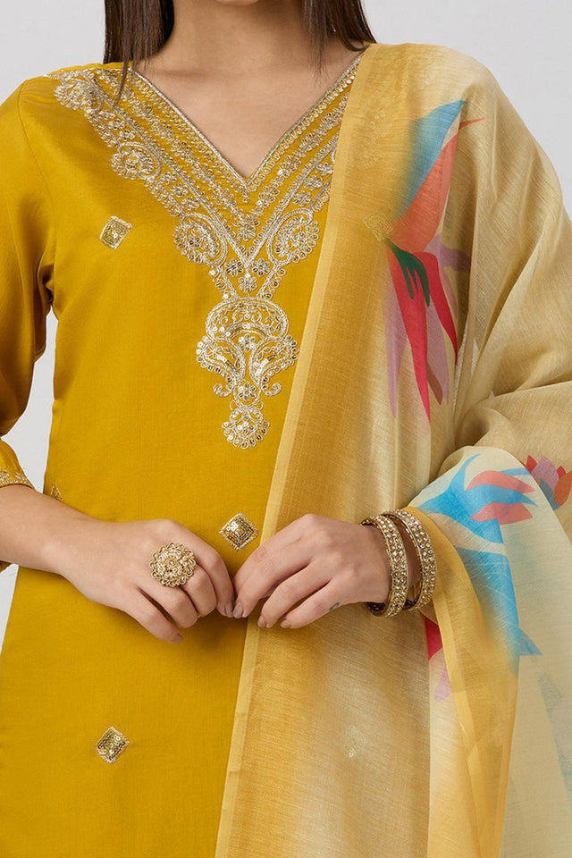 Yellow Floral Embroidered Silk Straight Cut Suit (VT-06)