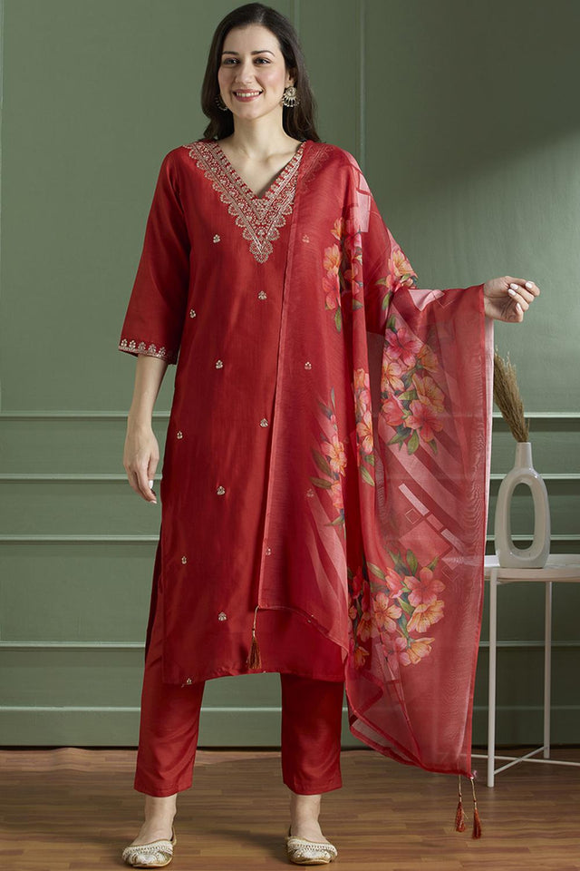 Orange Embroidered Silk Straight Cut Suit (VT-08)