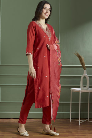 Orange Embroidered Silk Straight Cut Suit (VT-08)