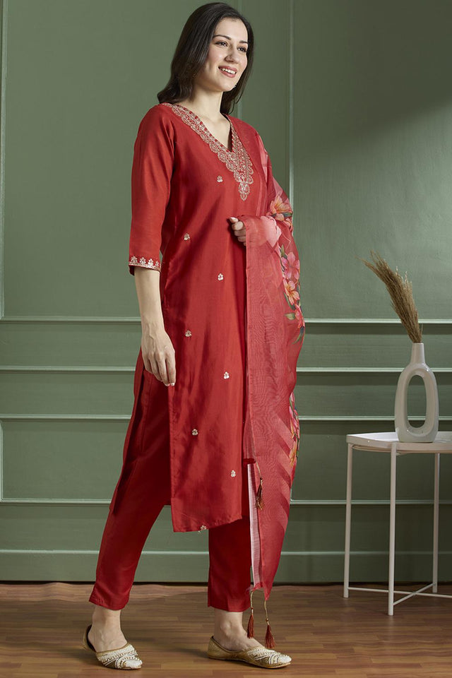 Orange Embroidered Silk Straight Cut Suit (VT-08)