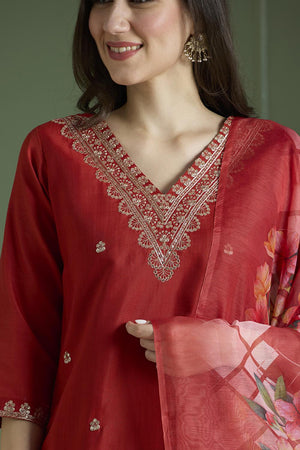 Orange Embroidered Silk Straight Cut Suit (VT-08)