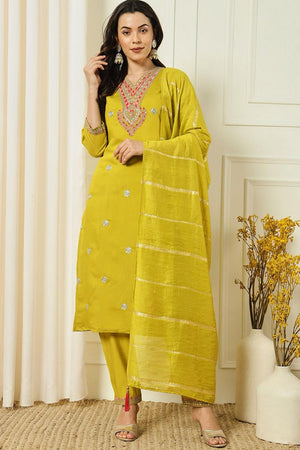 Yellow Embroidered Silk Straight Cut Suit (VT-09)