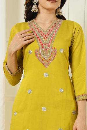 Yellow Embroidered Silk Straight Cut Suit (VT-09)
