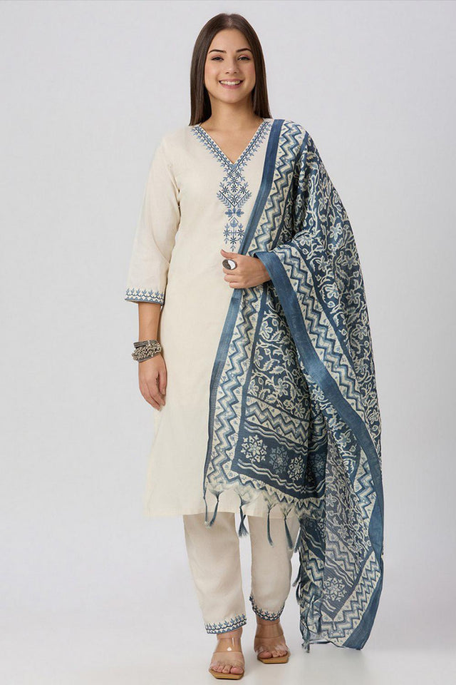 White Embroidered Khadi Straight Cut Suit (VT-11)