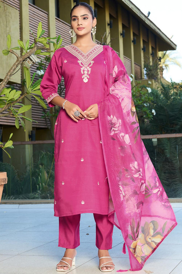 Pink Embroidered Silk Straight Cut Suit (VT-13)