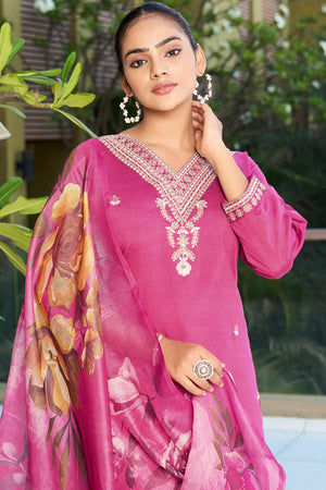 Pink Embroidered Silk Straight Cut Suit (VT-13)