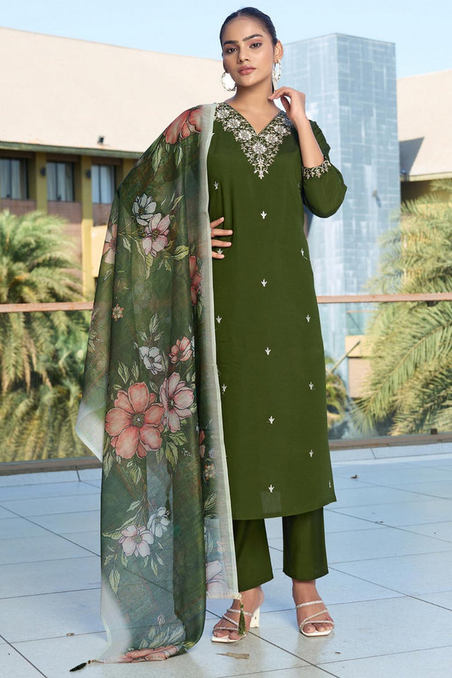 Green Floral Embroidered Silk Straight Cut Suit (VT-15)