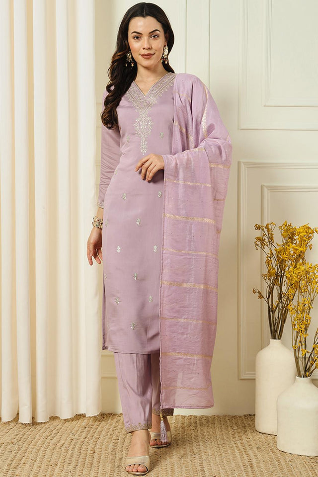 Lavender Floral Embroidered Silk Straight Cut Suit (VT-30)