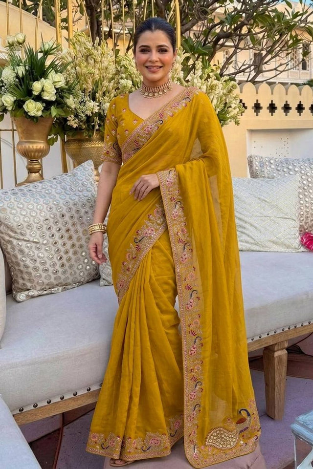 Mustard Floral Embroidered Georgette Saree (VZ-Chandramala2)