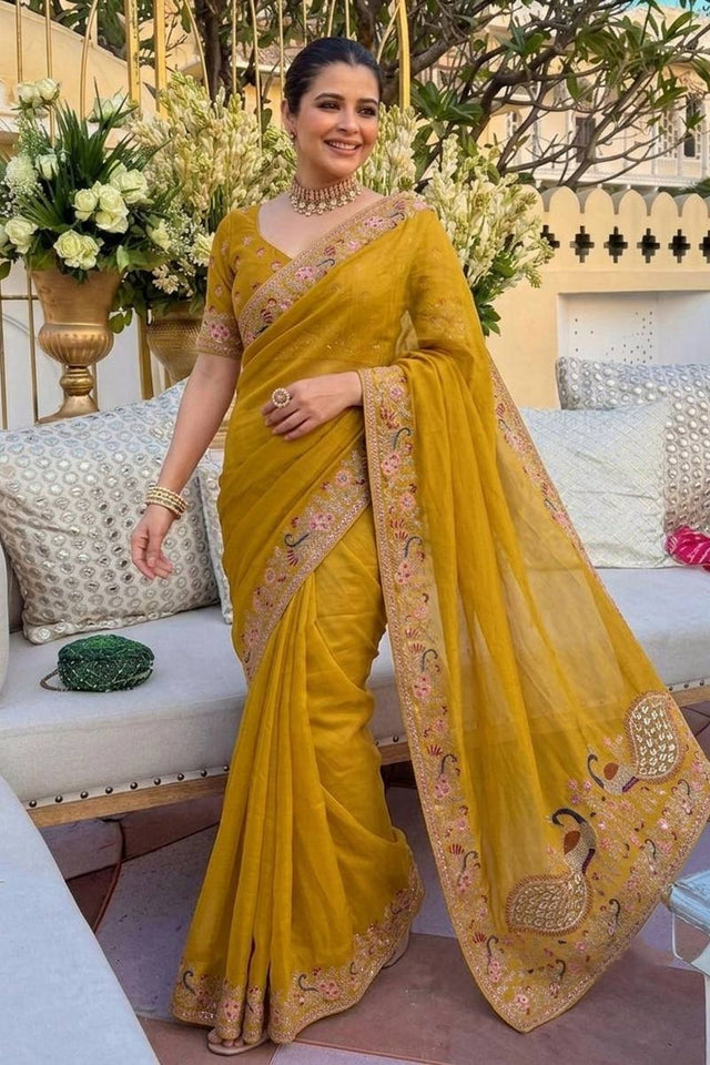 Mustard Floral Embroidered Georgette Saree (VZ-Chandramala2)