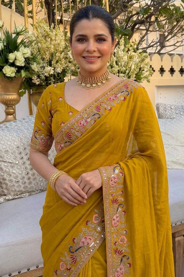 Mustard Floral Embroidered Georgette Saree (VZ-Chandramala2)
