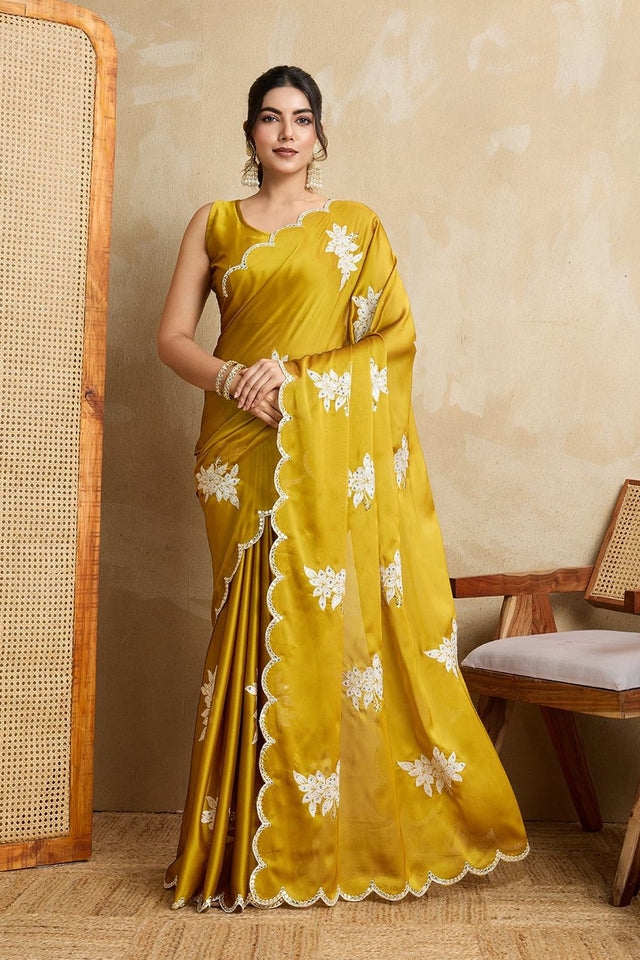 Mustard Sequin with Floral Embroidered Silk Saree (VZ-Chitra-Mustard)