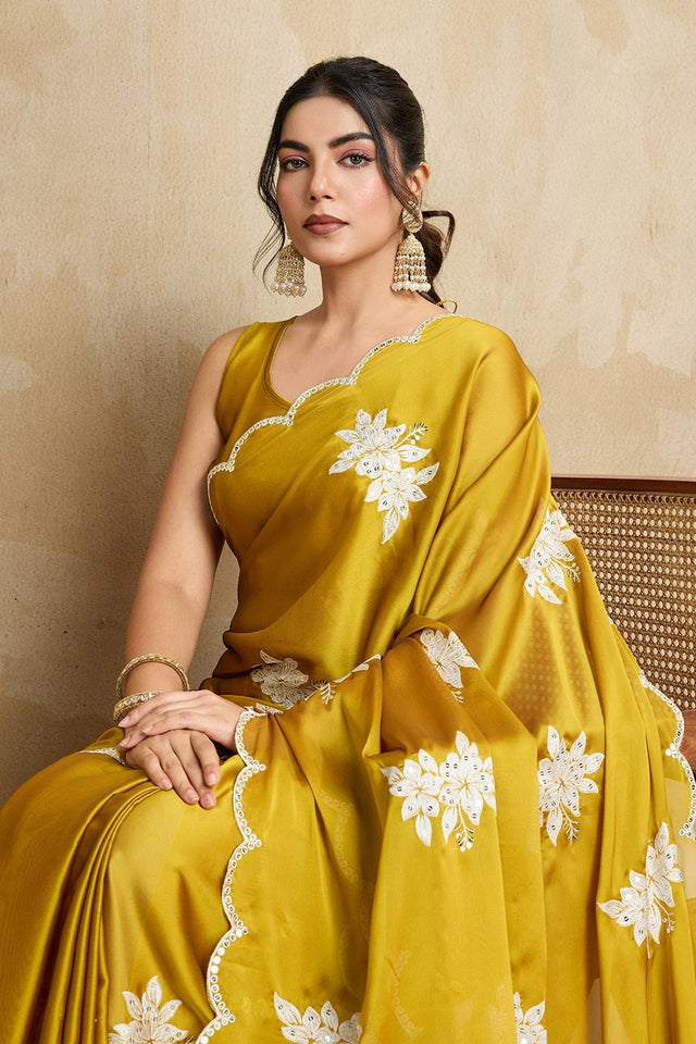 Mustard Sequin with Floral Embroidered Silk Saree (VZ-Chitra-Mustard)