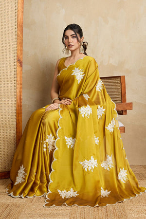 Mustard Sequin with Floral Embroidered Silk Saree (VZ-Chitra-Mustard)