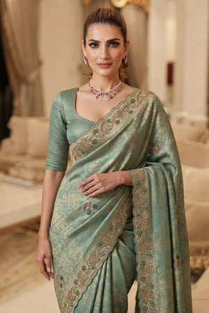 Sea Blue Sequin with Beads Embroidered Border Kanjivaram Silk Saree (VZ-Connect-Aqua)