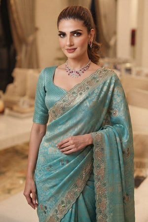 Sea Blue Sequin with Beads Embroidered Border Kanjivaram Silk Saree (VZ-Connect-Aqua)