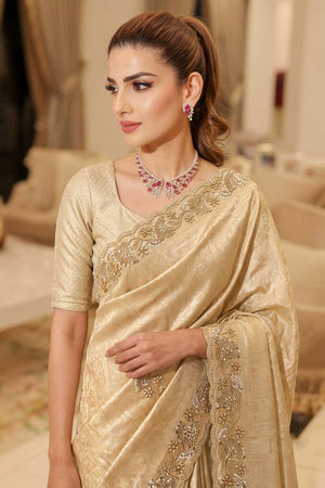 Cream Sequin with Beads Embroidered Border Kanjivaram Silk Saree (VZ-Connect-Cream)