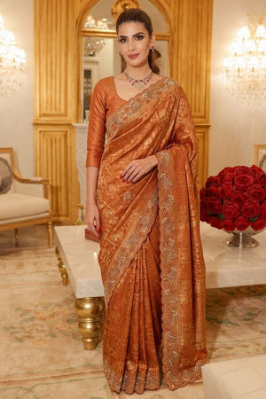 Orange Sequin with Beads Embroidered Border Kanjivaram Silk Saree (VZ-Connect-Orange)