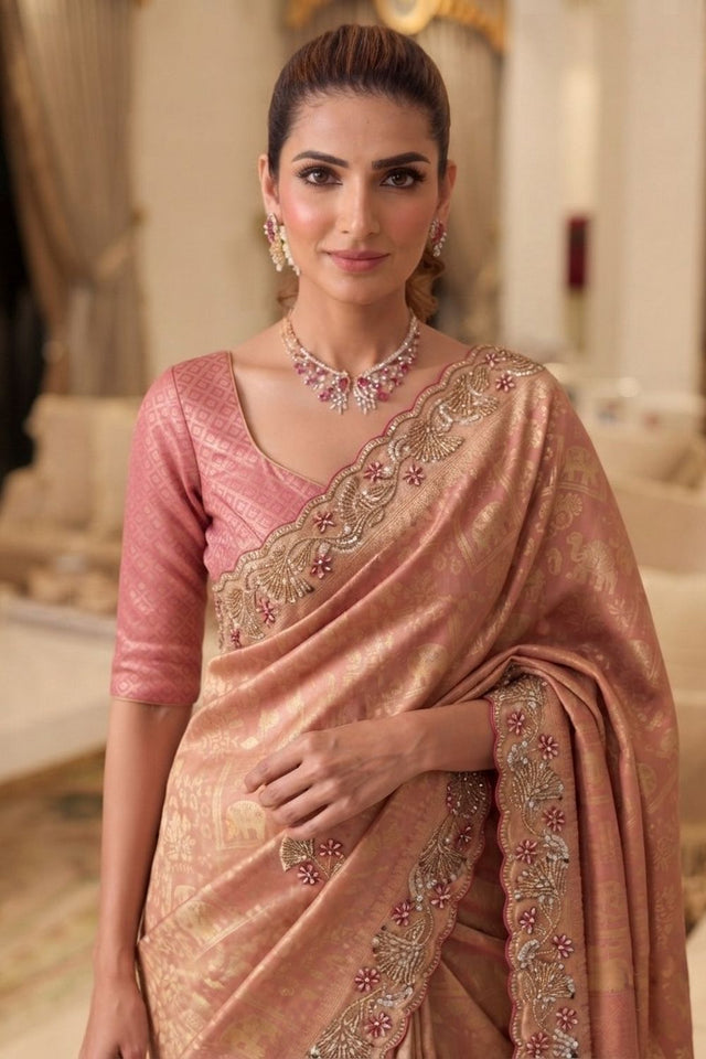 Pink Sequin with Beads Embroidered Border Kanjivaram Silk Saree (VZ-Connect-Pink)