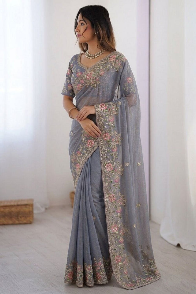 Grey Floral Embroidered Chiffon Saree (VZ-Dhwani2-Grey)