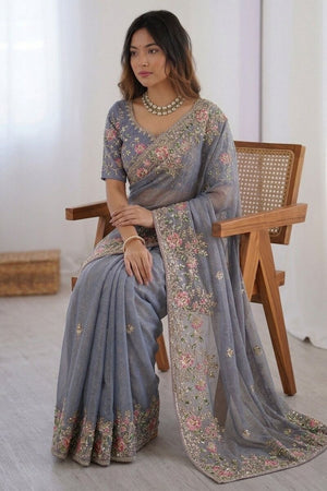 Grey Floral Embroidered Chiffon Saree (VZ-Dhwani2-Grey)