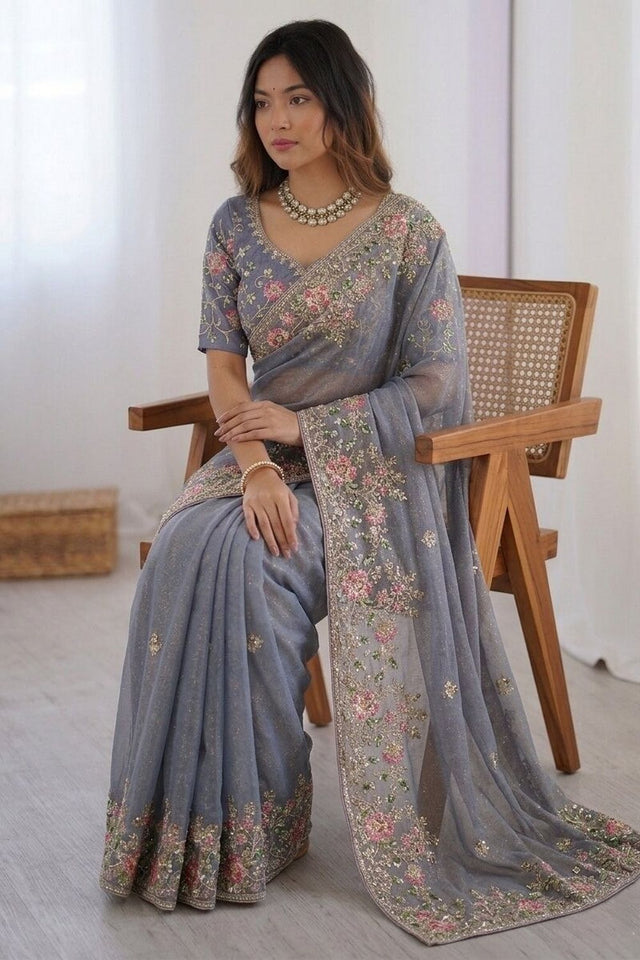 Grey Floral Embroidered Chiffon Saree (VZ-Dhwani2-Grey)