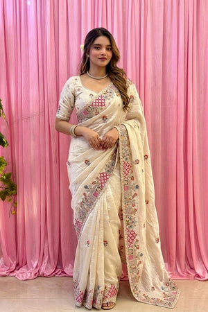 Cream Floral Embroidered Tissue Saree (VZ-Herons4-Cream)